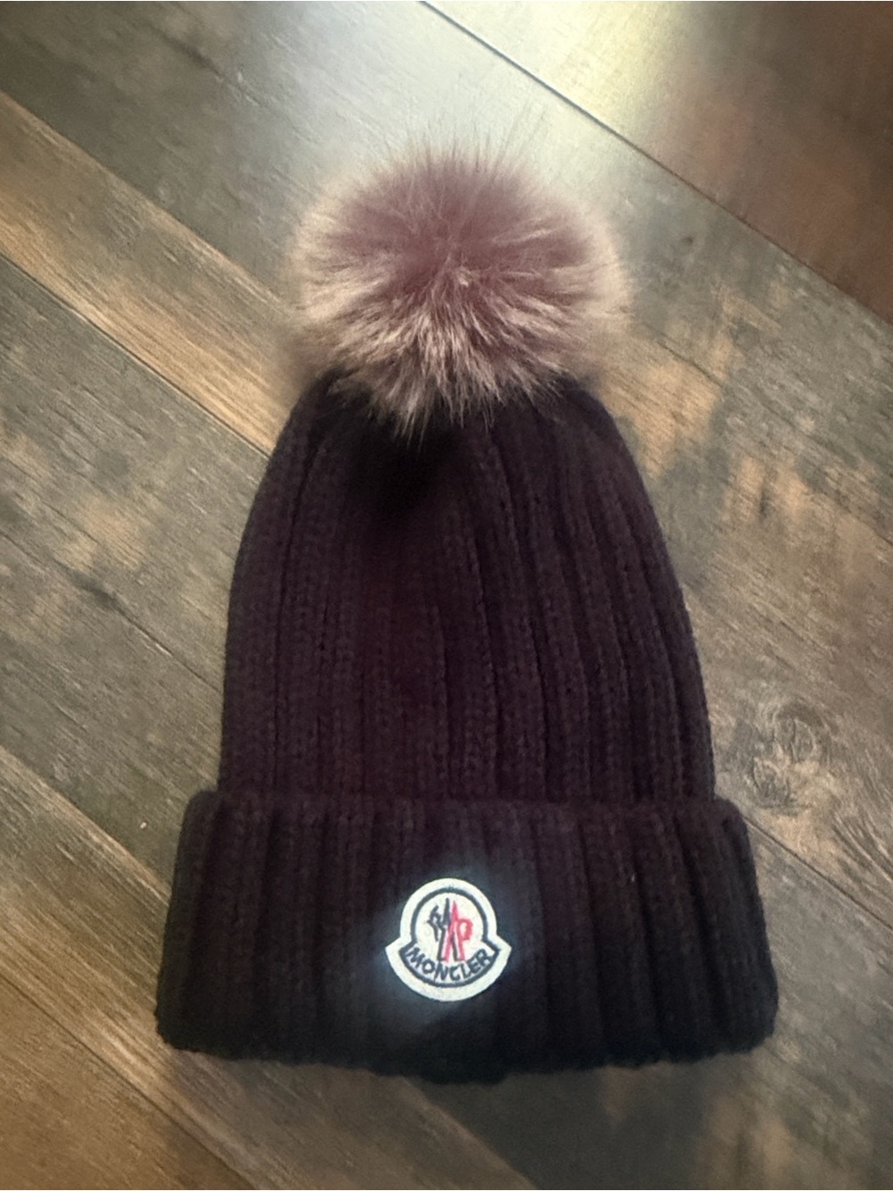 Moncler Black Hat Ribbed Beanie with Faux-Fur Pom